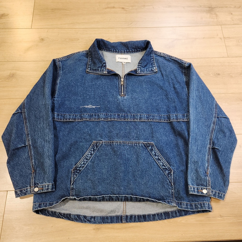 Frame Denim Windbreaker Anorak Jacket Mens Large Blue 1/4 Zip Pullover Pocket
